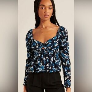 Abercrombie and Fitch Long Sleeve Sheer Babydoll Twist-Front Top Floral Blue